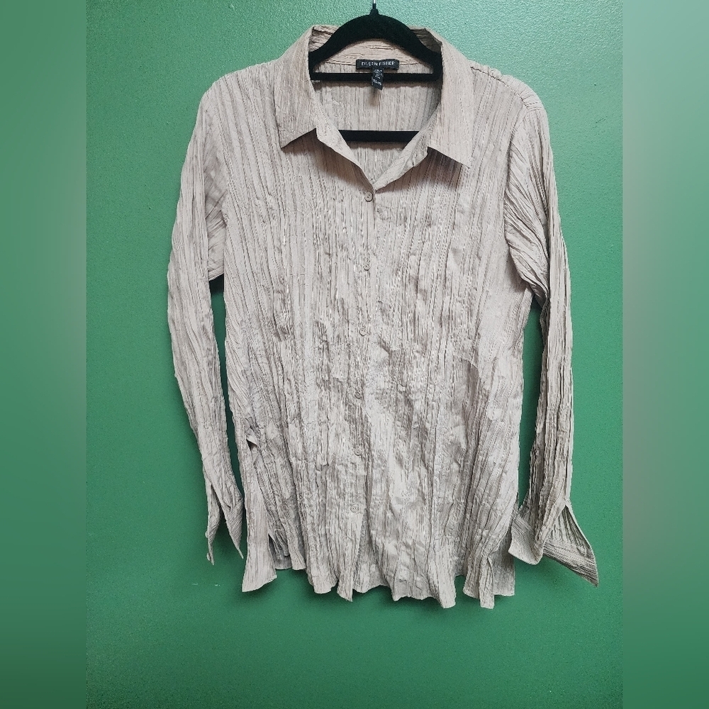 Eileen Fisher Crinkle Silk Button Front Blouse | Neutral Beige | XXS